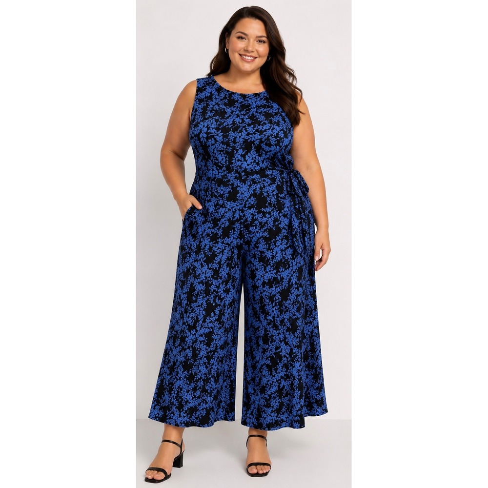 Sabrina Collective Blue Floral Patterned Wide Leg Capri Jumpsuit Womens 20W #6
